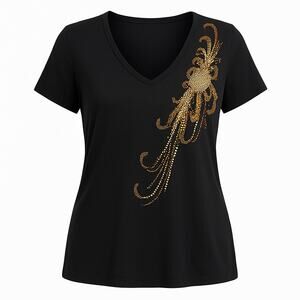 Anna Scholz Top Womens 16 Black Gold Embellished Beaded Night Out Y2K Rocker Tee